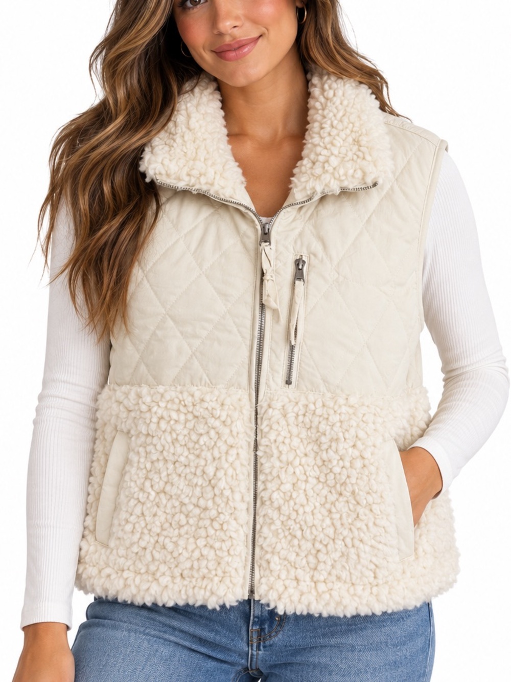 Abercrombie & Fitch Cream Sherpa Quilted Full Zip Vest. Size S